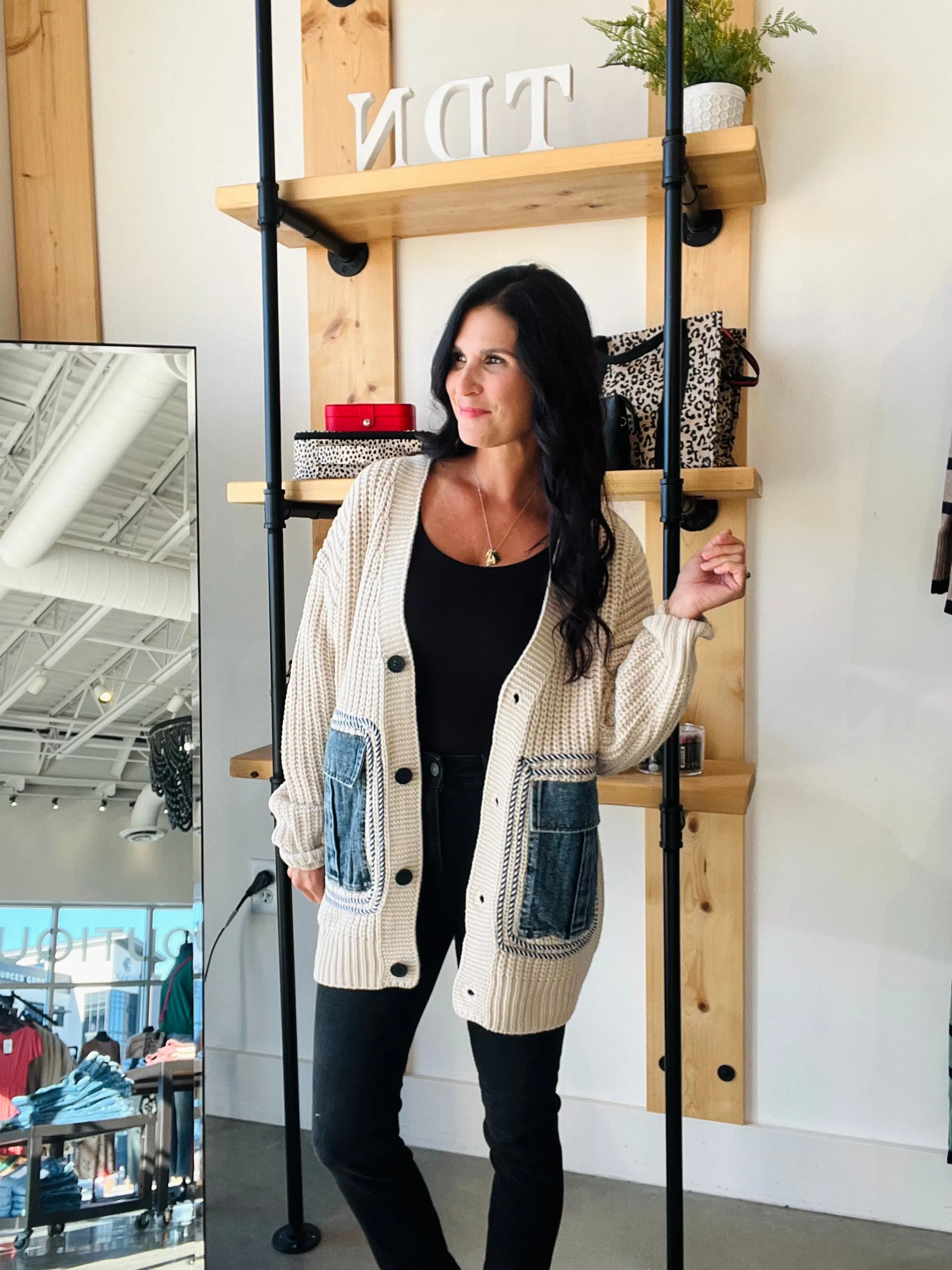 Oatmeal Cardigan with Denim Pockets