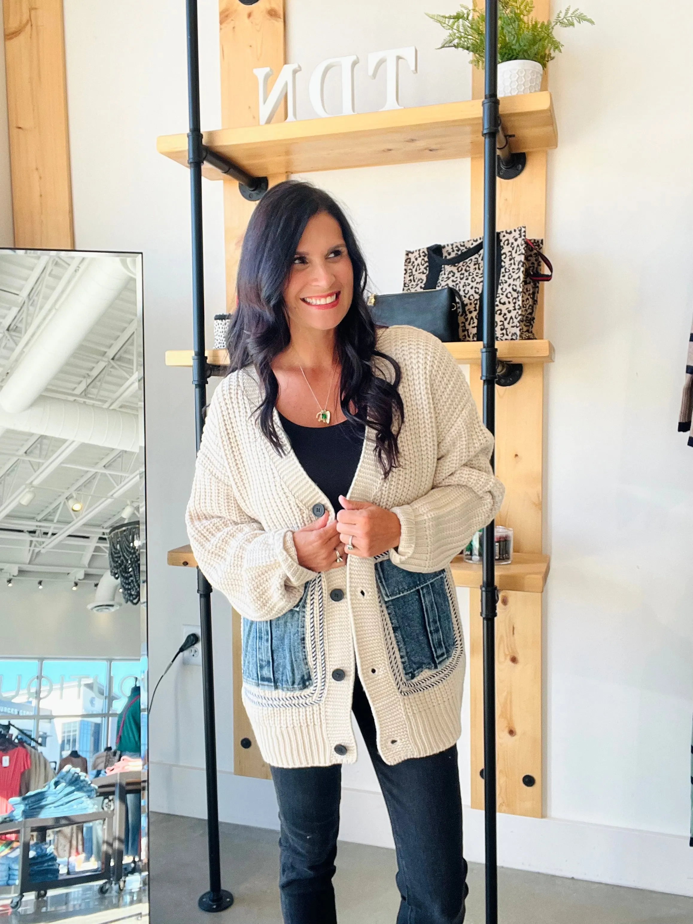 Oatmeal Cardigan with Denim Pockets