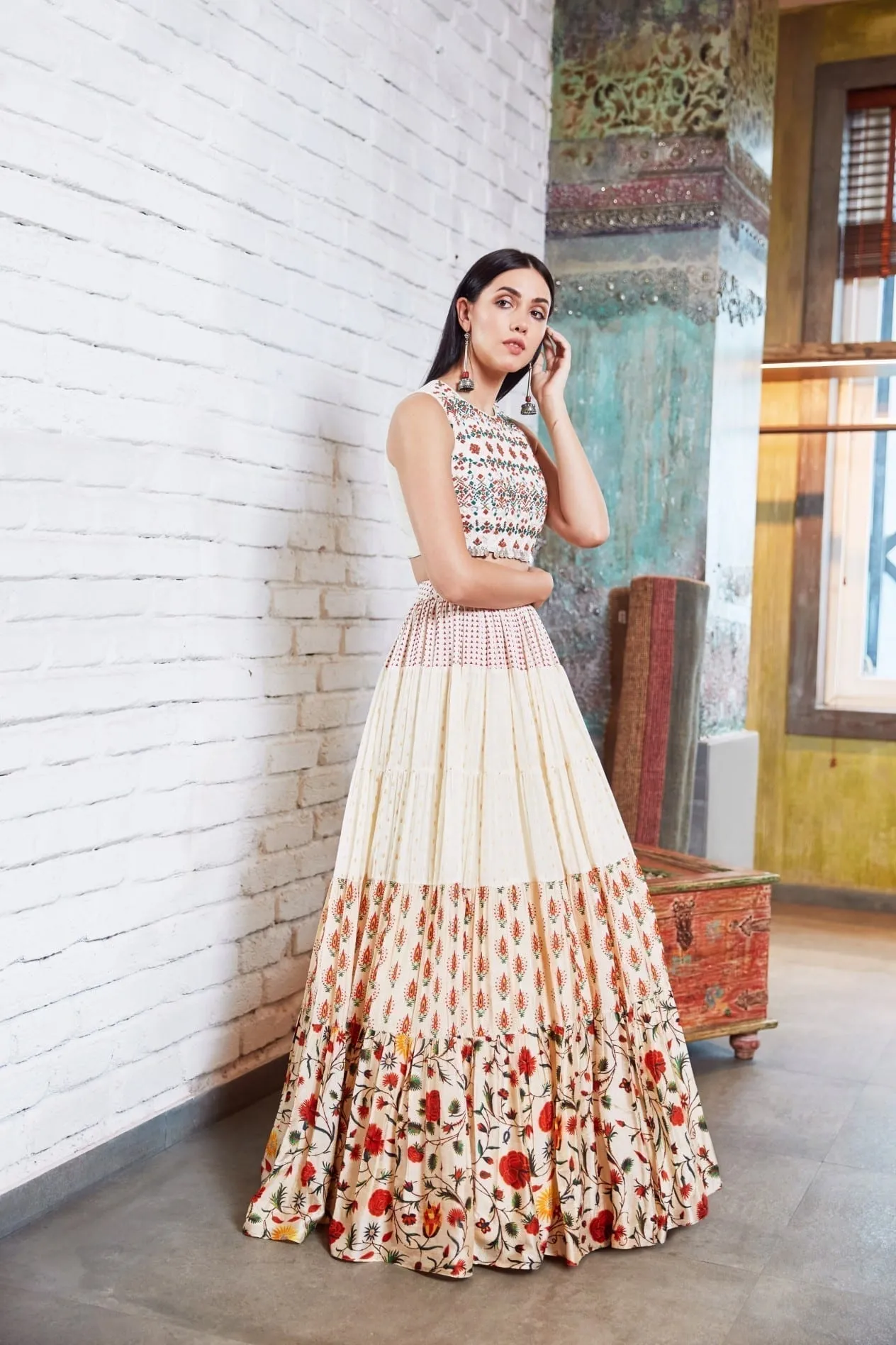 Off White Navajo multi Paneled Lehenga
