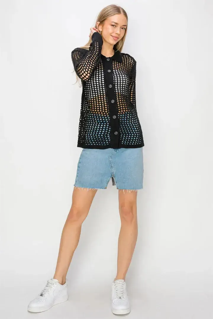 OPEN KNIT COLLARED CARDIGAN