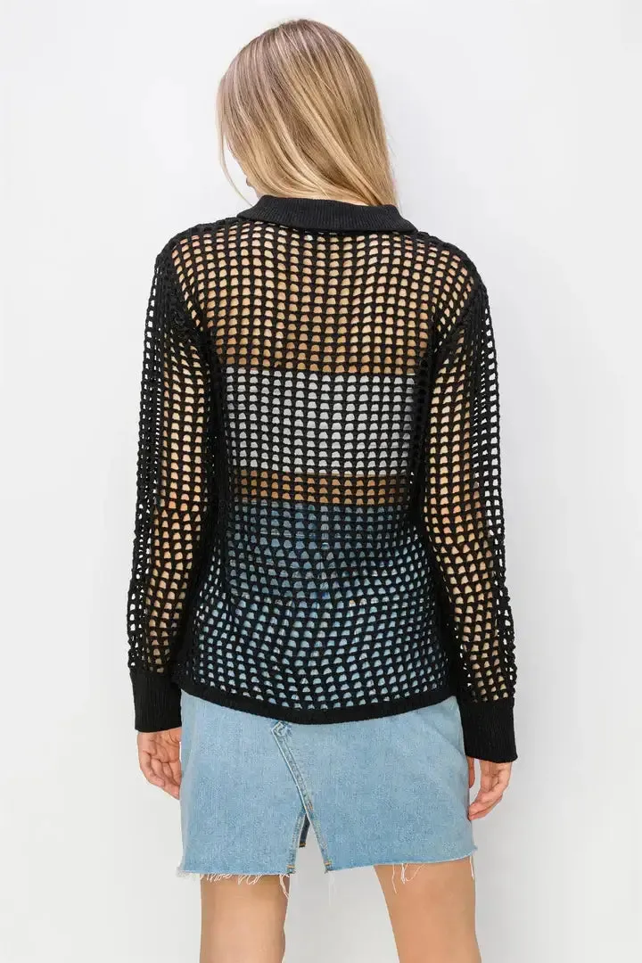 OPEN KNIT COLLARED CARDIGAN