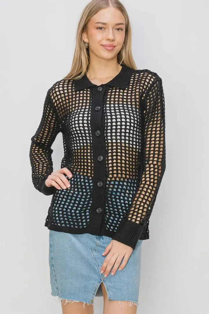 OPEN KNIT COLLARED CARDIGAN