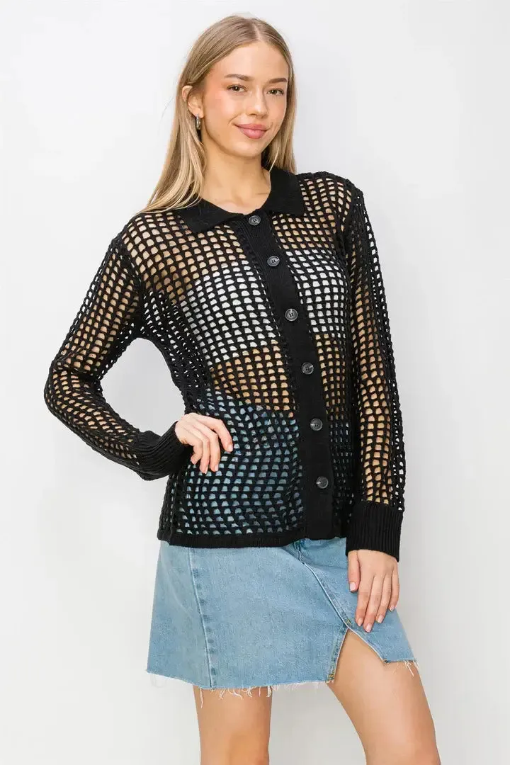 OPEN KNIT COLLARED CARDIGAN