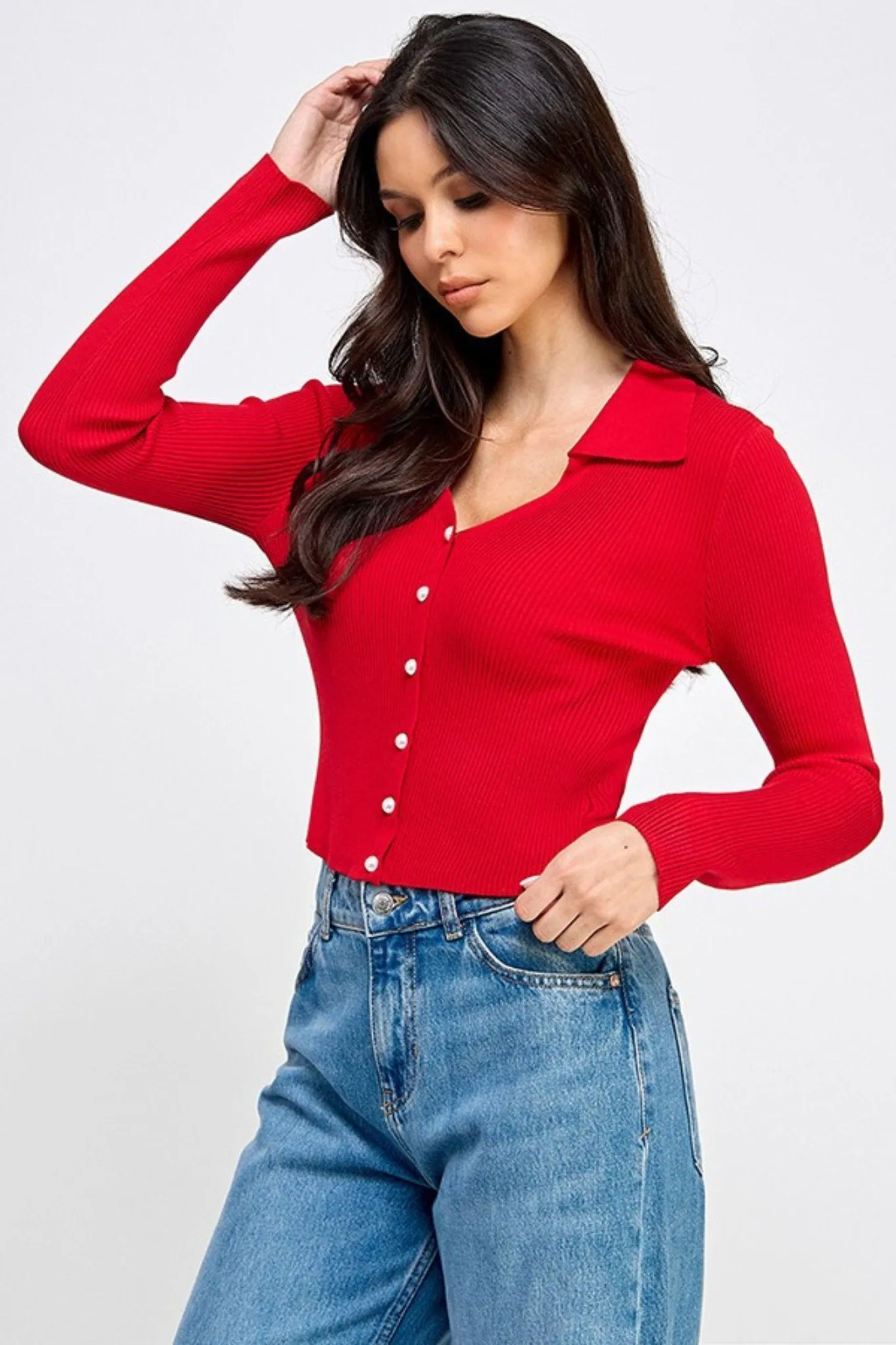 Pearl Button Down Cardigan in Red