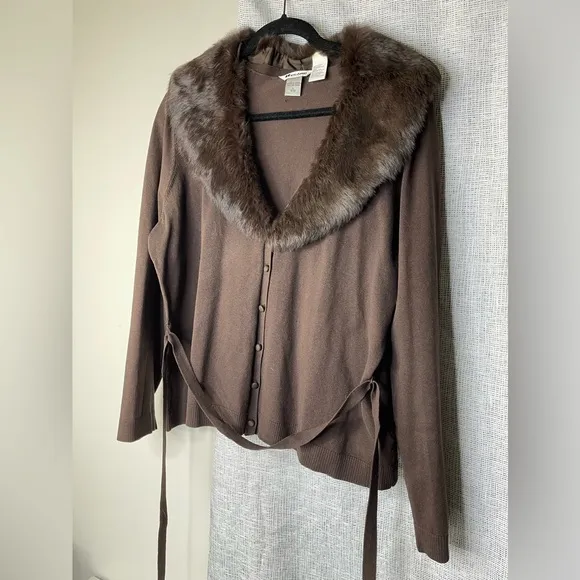 Peter Nygard Silk Cotton button Front Penny Lane cardigan With Fox Collar Sz XL