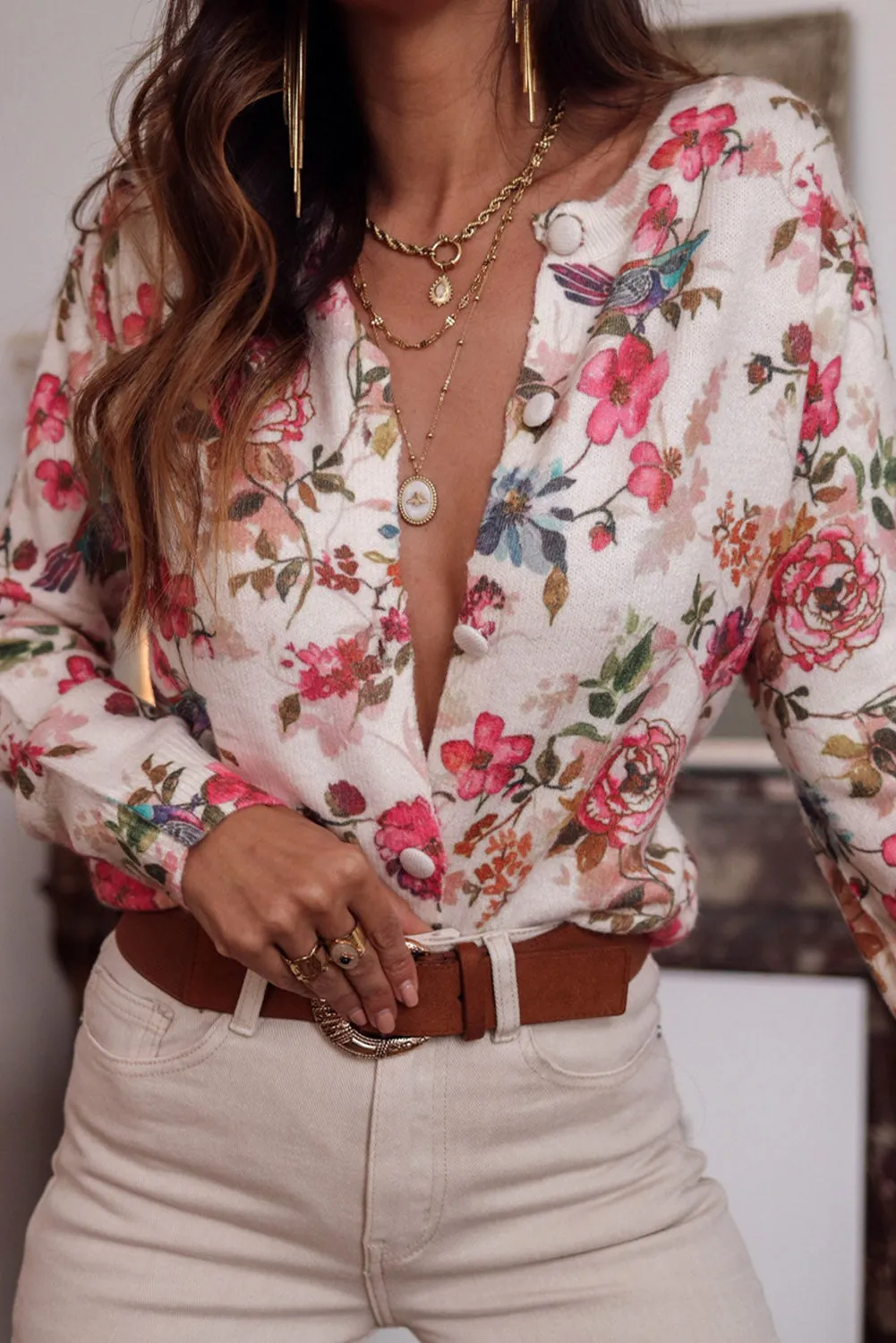 Pink Floral Printed Button Down Sweater Cardigan