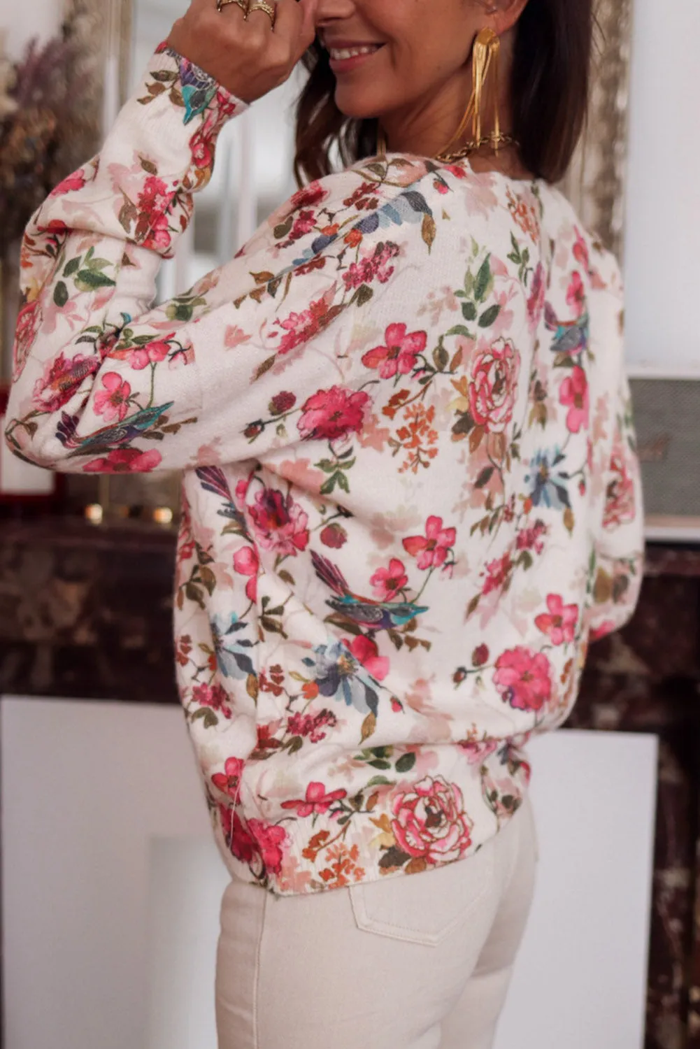 Pink Floral Printed Button Down Sweater Cardigan