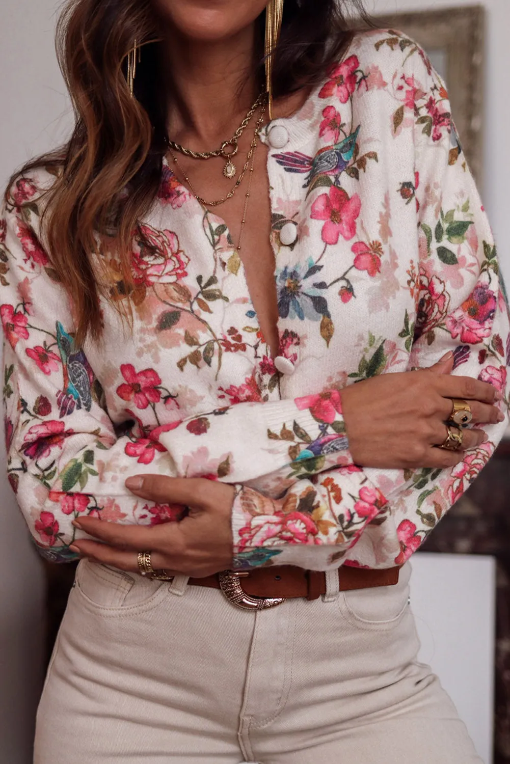 Pink Floral Printed Button Down Sweater Cardigan