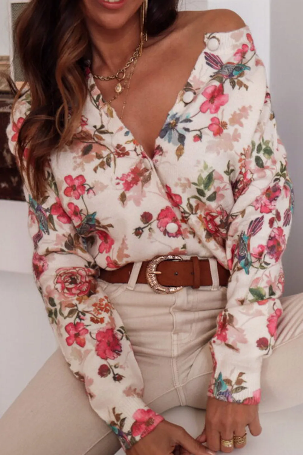 Pink Floral Printed Button Down Sweater Cardigan