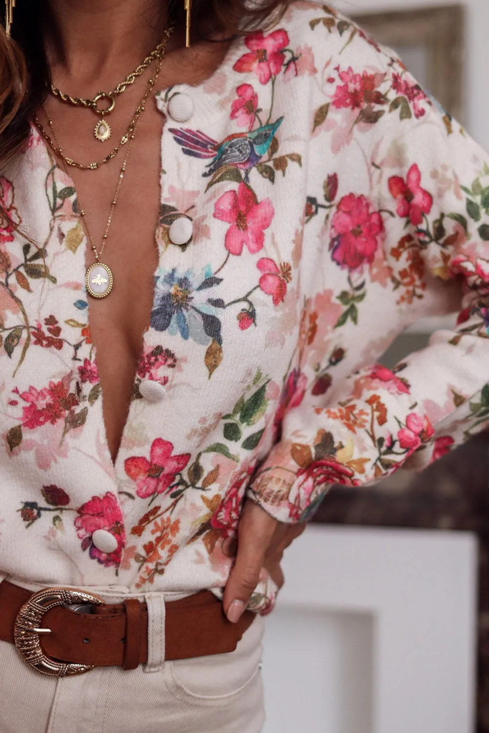 Pink Floral Printed Button Down Sweater Cardigan