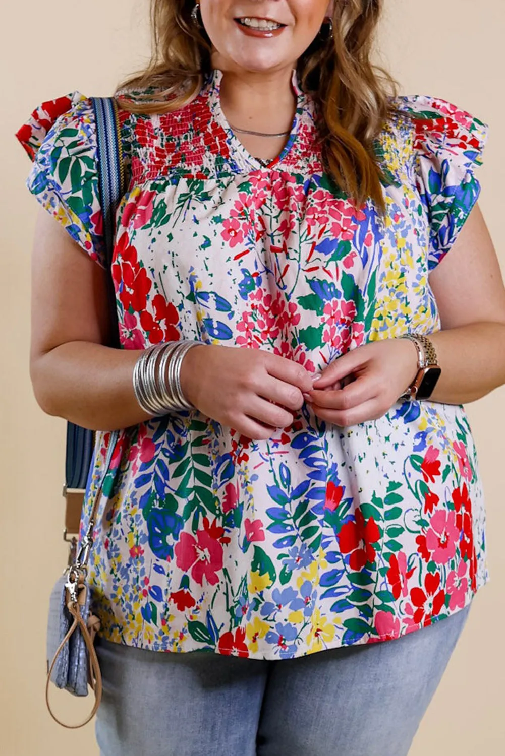 Plus Floral Print Ruffle Cap Sleeve V Neck Blouse