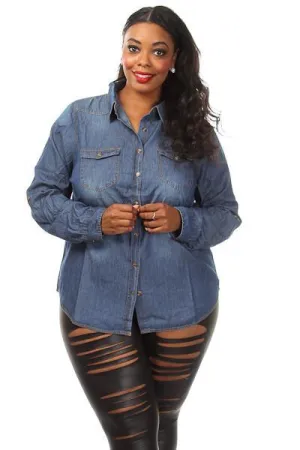 Plus Size Button Down Denim Blouse