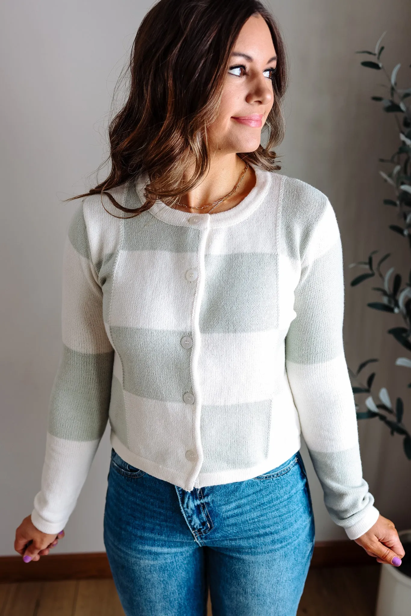 Posy Checker Cardigan - Sage