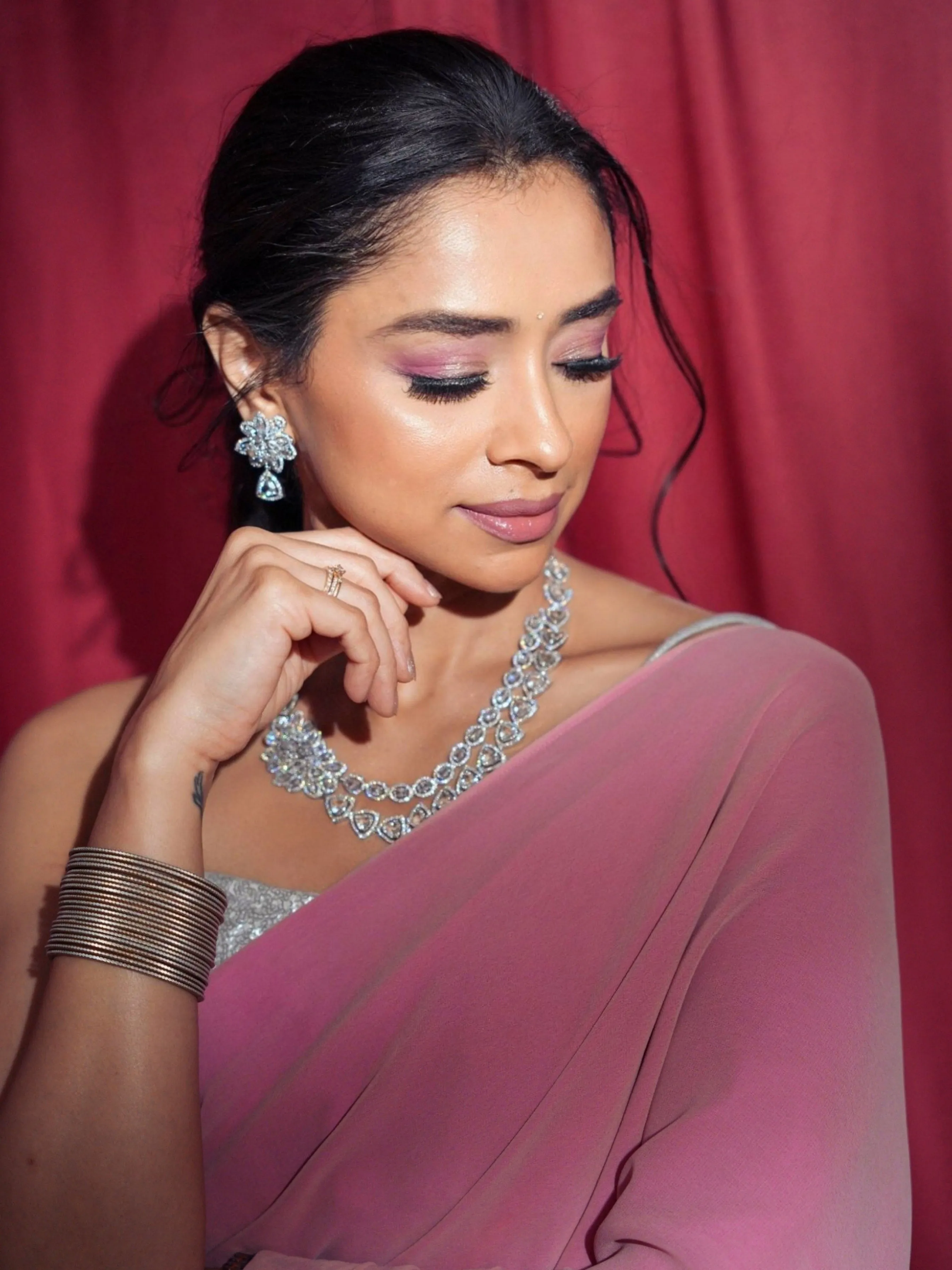 Pre-Draped 1-Minute Pink Georgette with Fuchsia Crepe Saree with Blouse Fabric