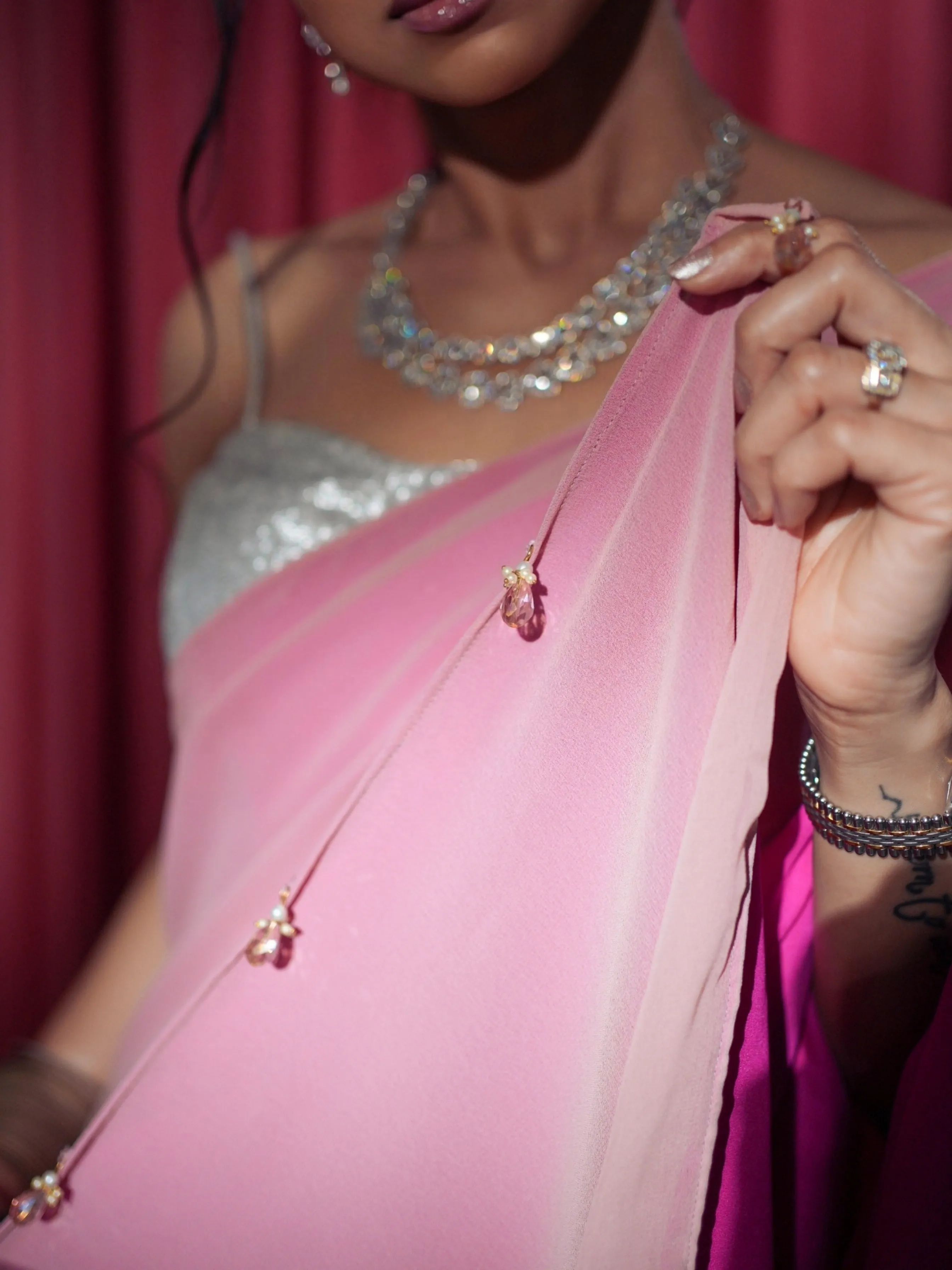 Pre-Draped 1-Minute Pink Georgette with Fuchsia Crepe Saree with Blouse Fabric