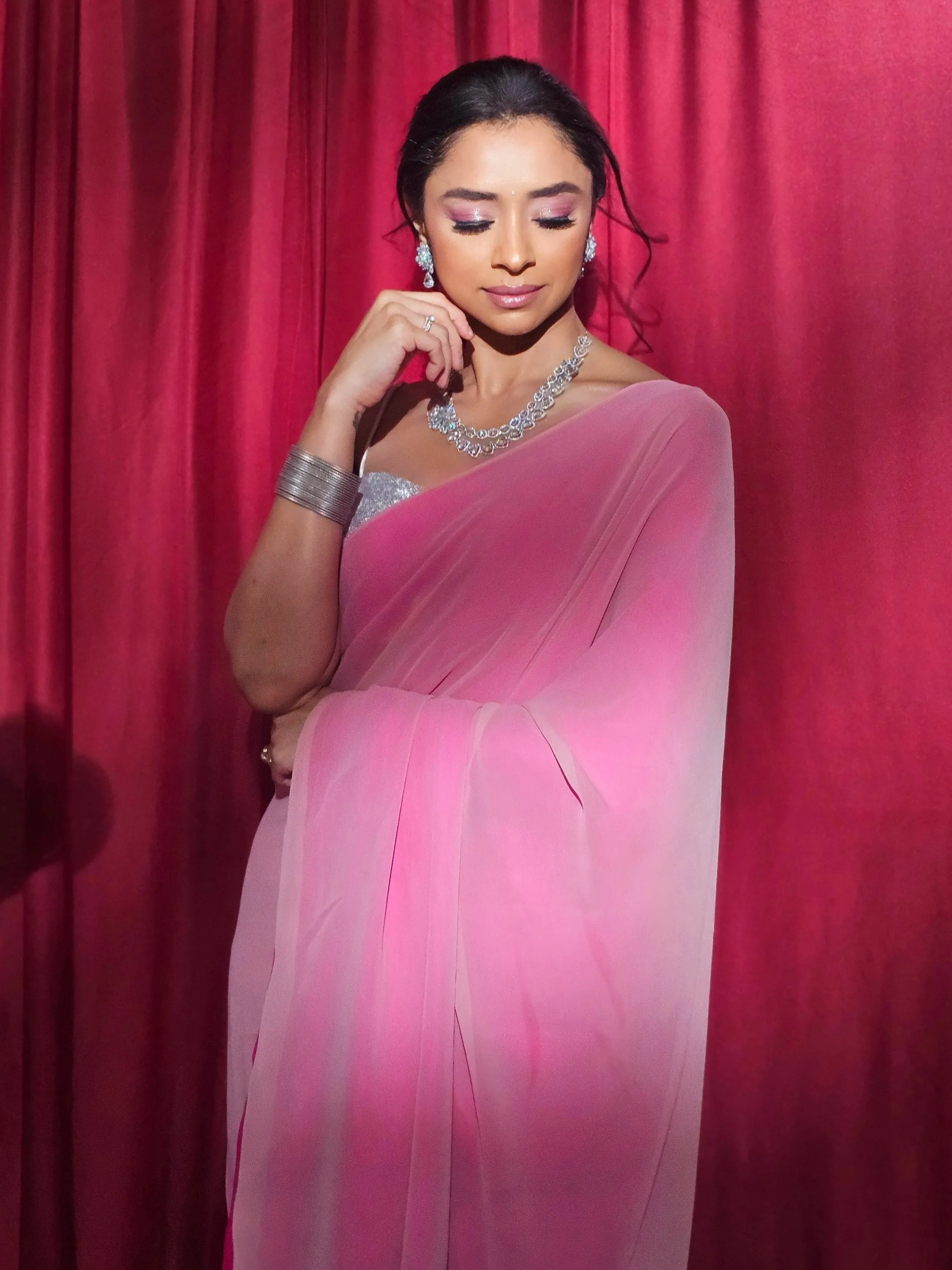 Pre-Draped 1-Minute Pink Georgette with Fuchsia Crepe Saree with Blouse Fabric