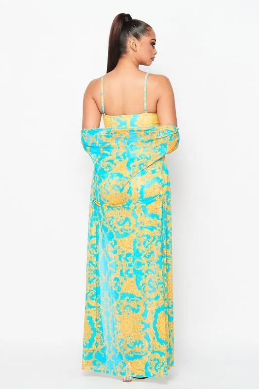 PRINTED BRA, LEGGINGS, AND CARDIGAN SET