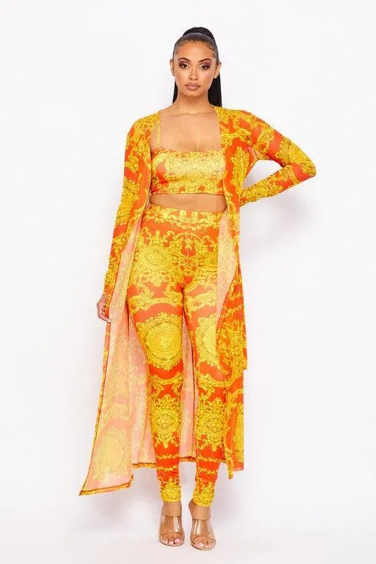 PRINTED BRA, LEGGINGS, AND CARDIGAN SET