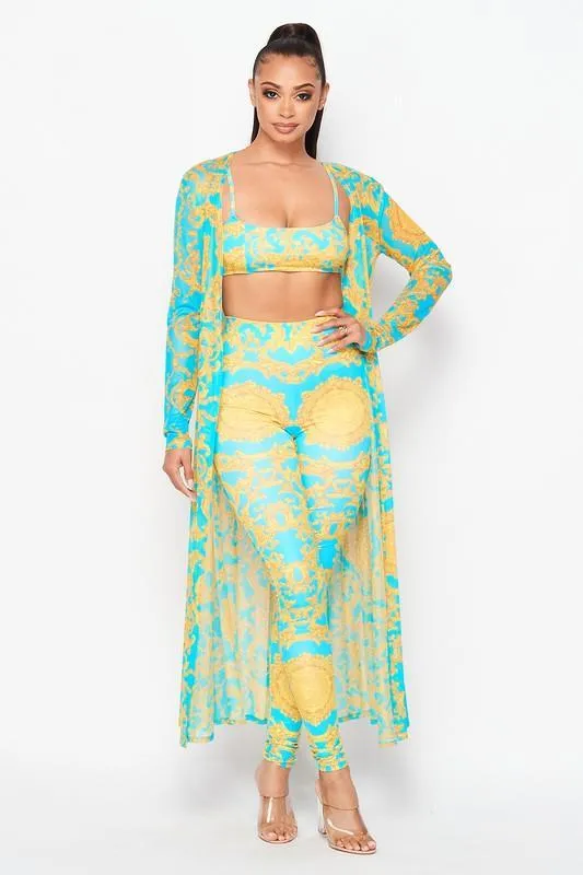 PRINTED BRA, LEGGINGS, AND CARDIGAN SET