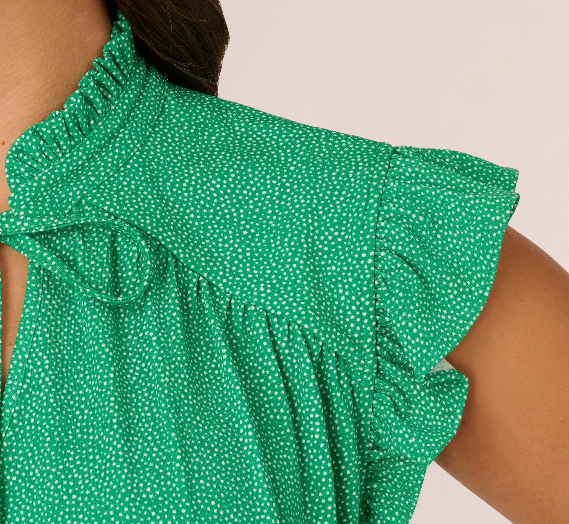 Printed Flutter Sleeve Top With Tie Neck In Emerald Ivory Micro Dot