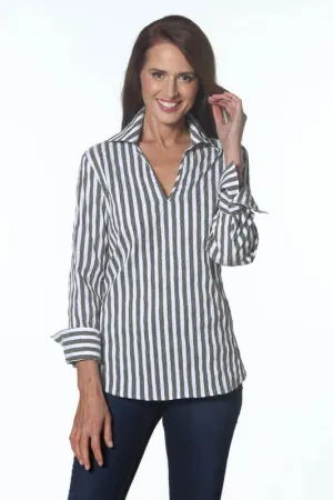 Pullover Striped Blouse with Button Back Detail in Black and White