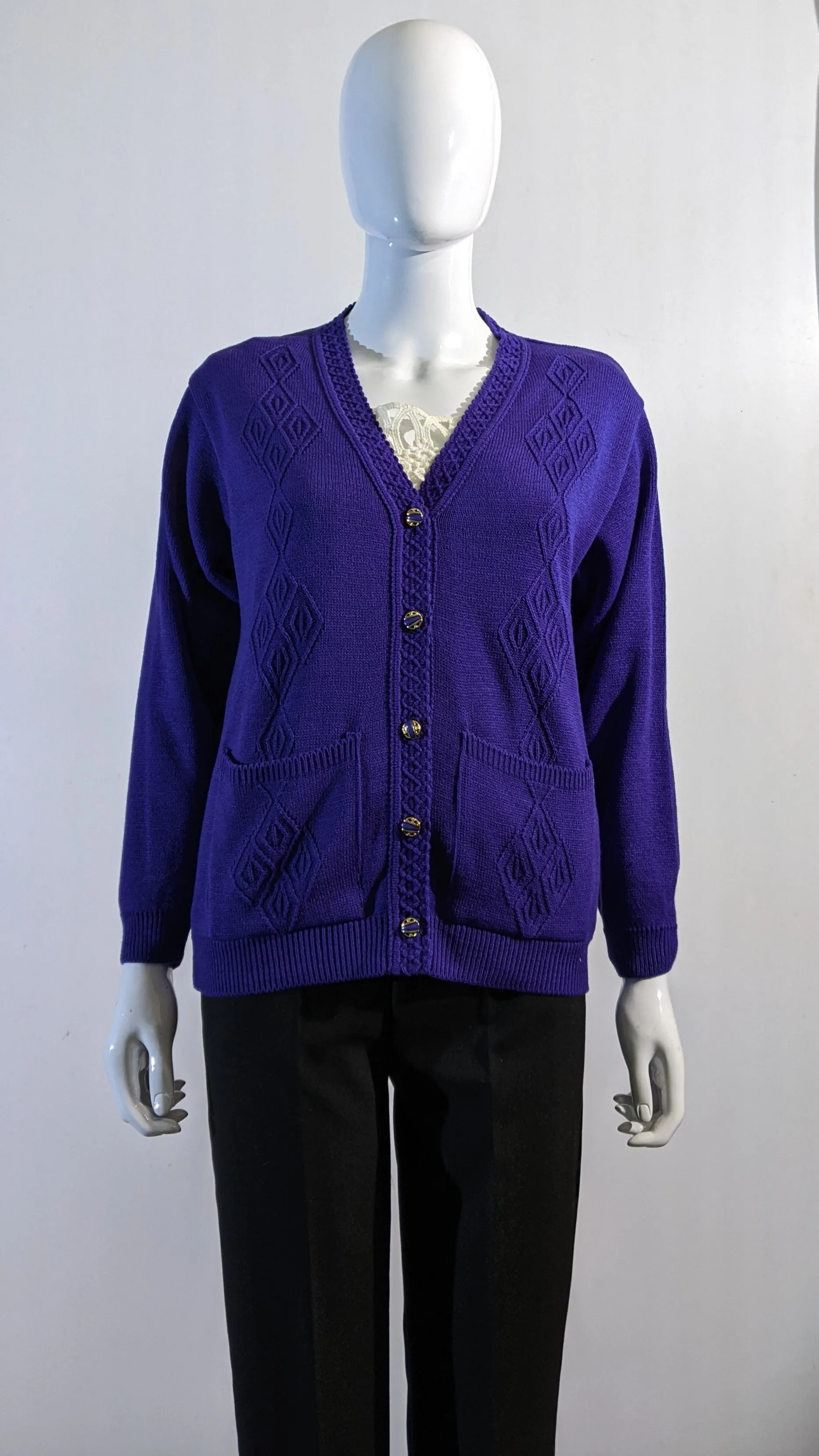 Purple V-Neck Diamond Design Cardigan with Pockets