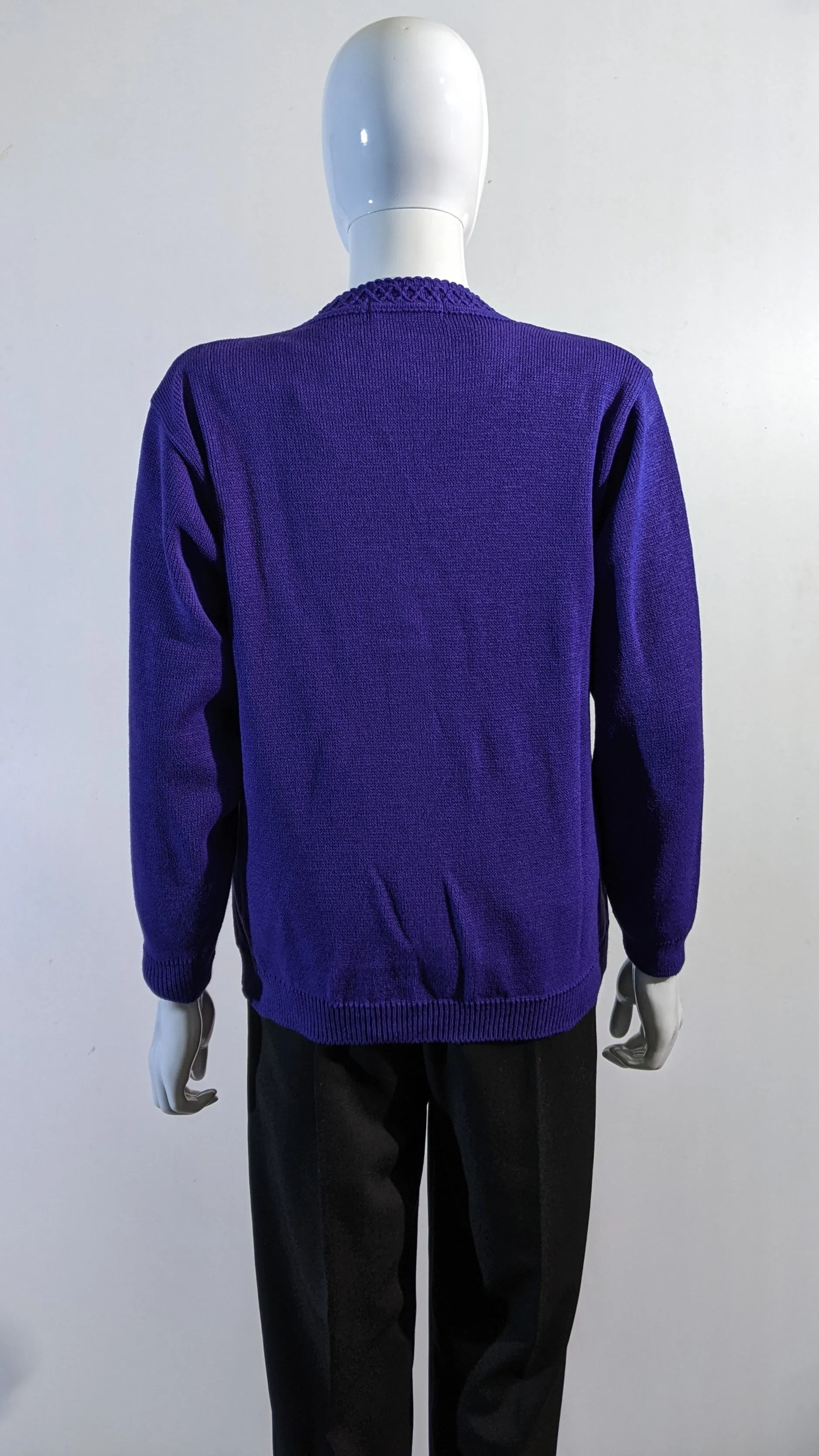 Purple V-Neck Diamond Design Cardigan with Pockets