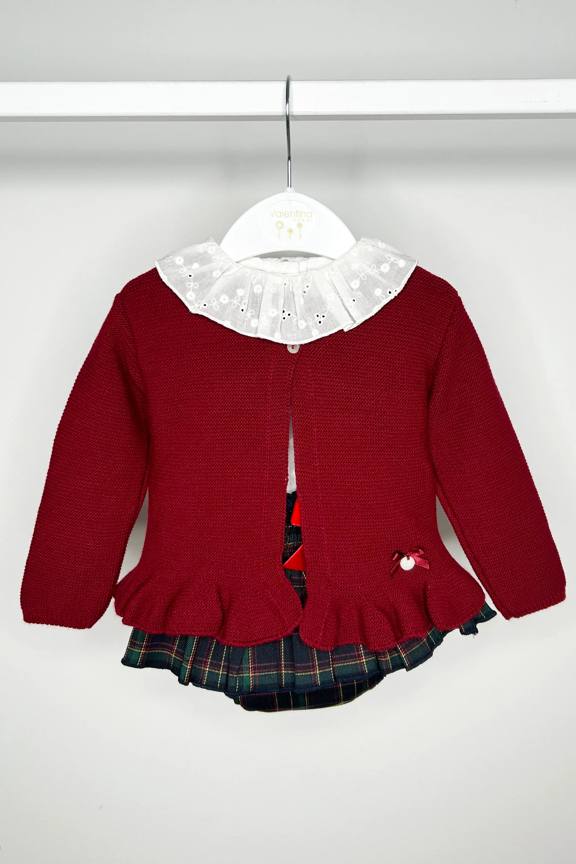 "Amelia" Burgundy Cardigan, Blouse & Tartan Bloomers