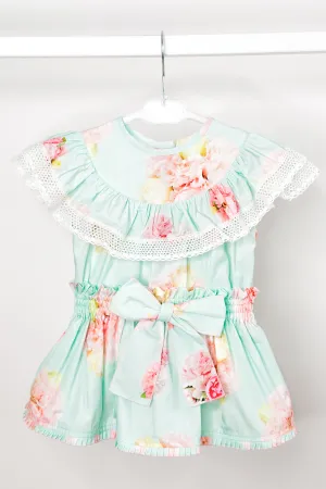 "Kehlani" Aquamarine Pink Peony Blouse & Skirt