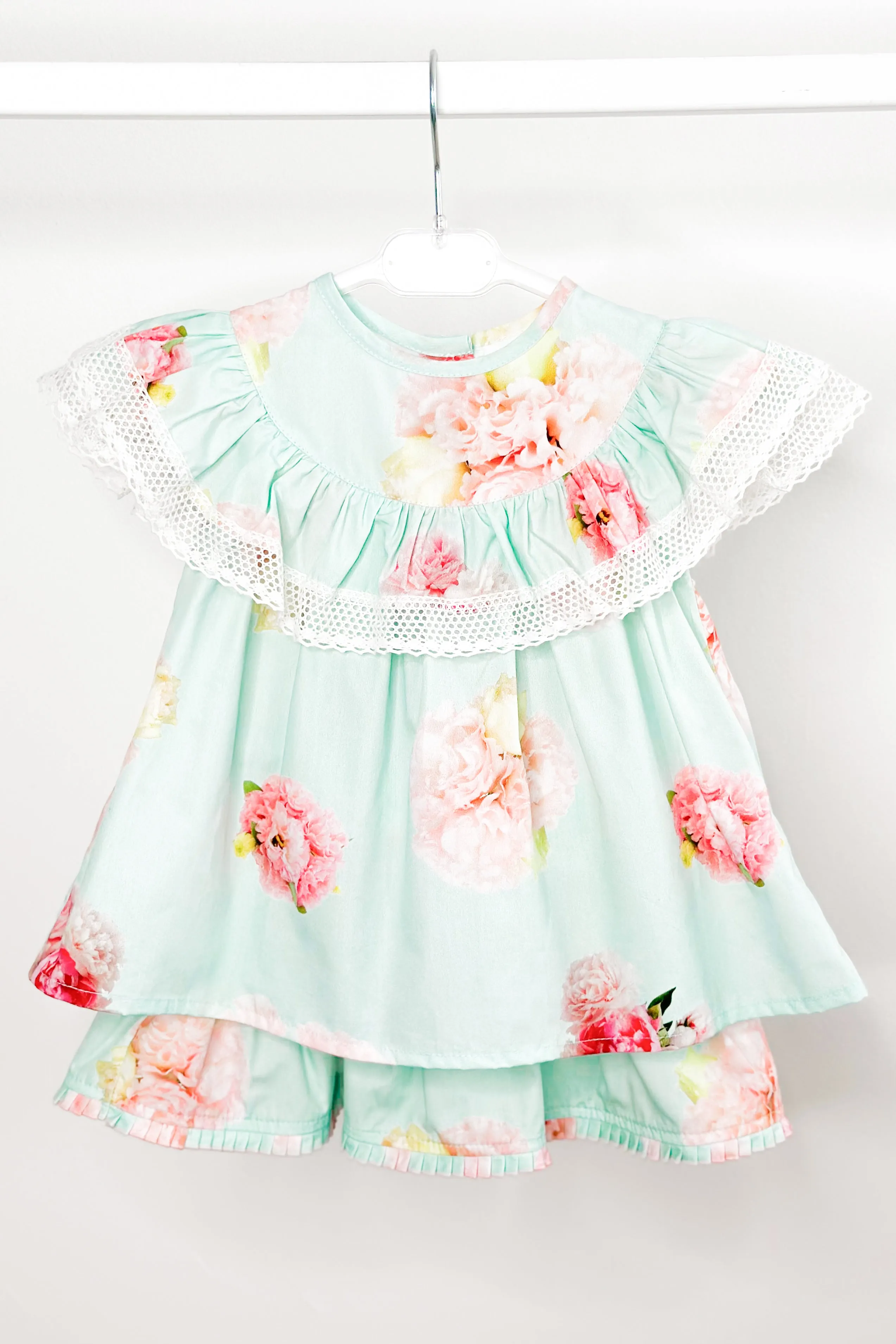 "Kehlani" Aquamarine Pink Peony Blouse & Skirt