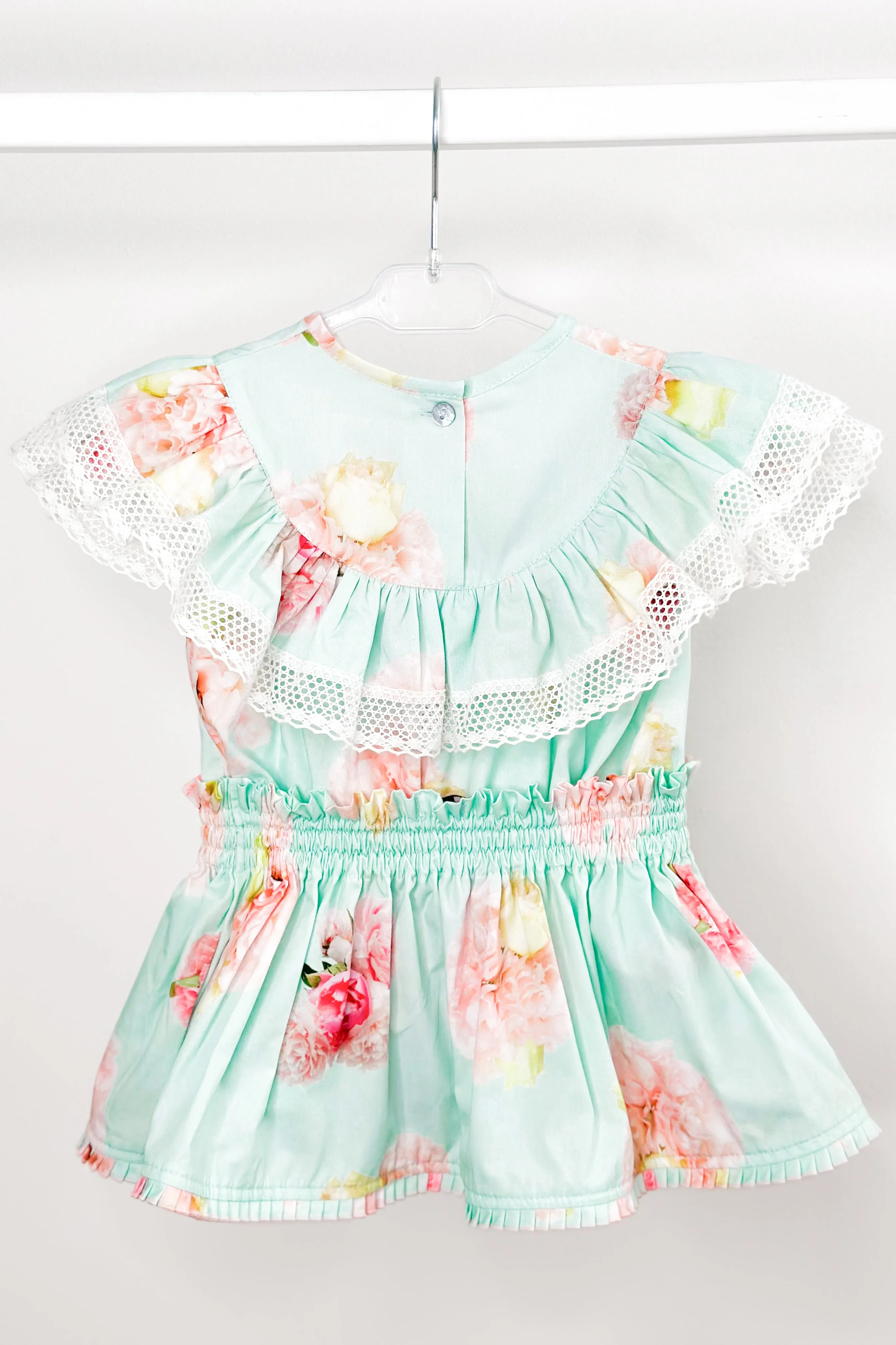 "Kehlani" Aquamarine Pink Peony Blouse & Skirt
