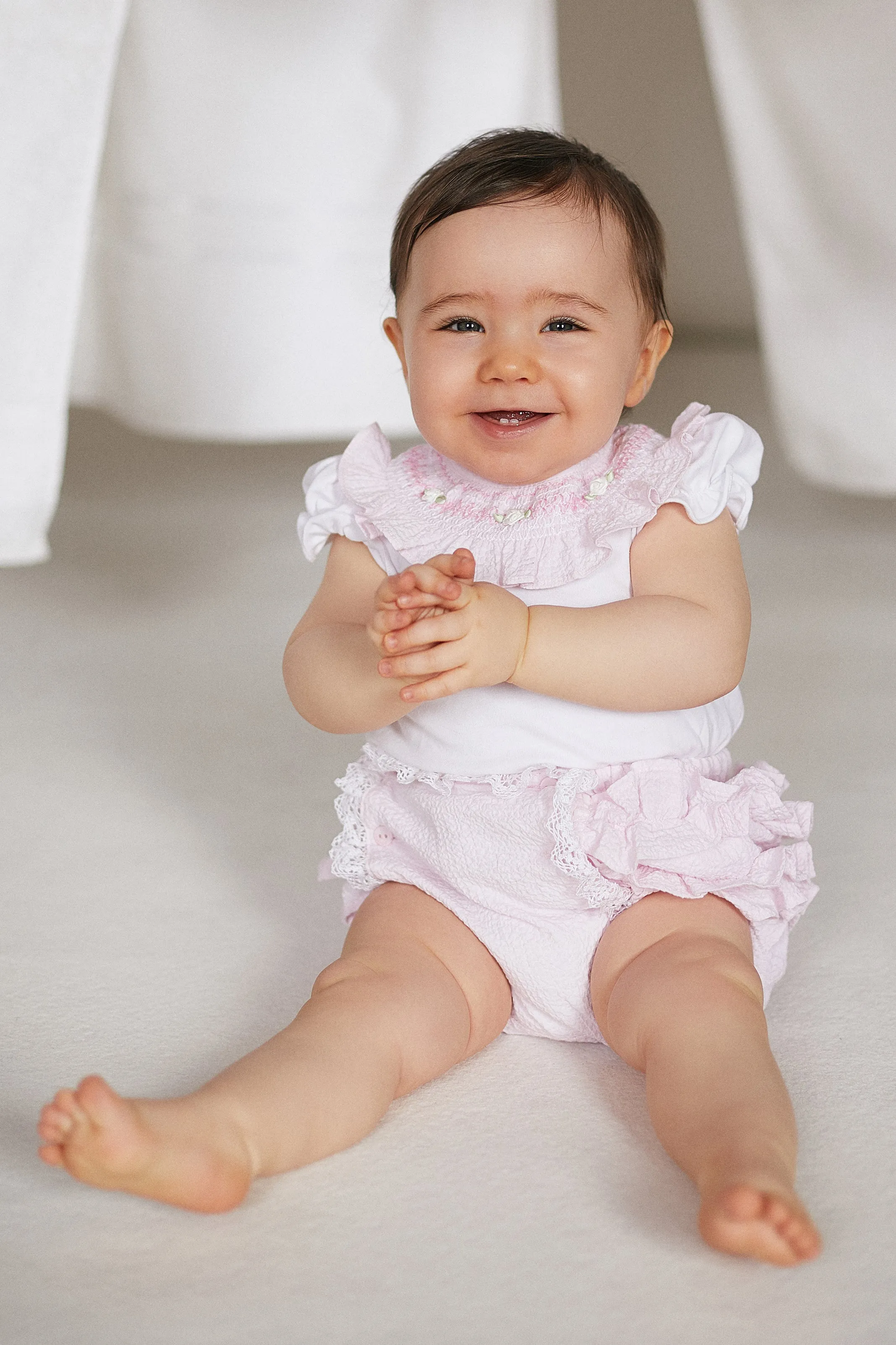"Ottilie" Pink Smocked Rose Bud Blouse & Bloomers