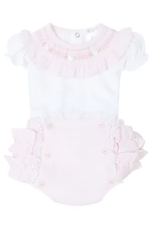 "Ottilie" Pink Smocked Rose Bud Blouse & Bloomers
