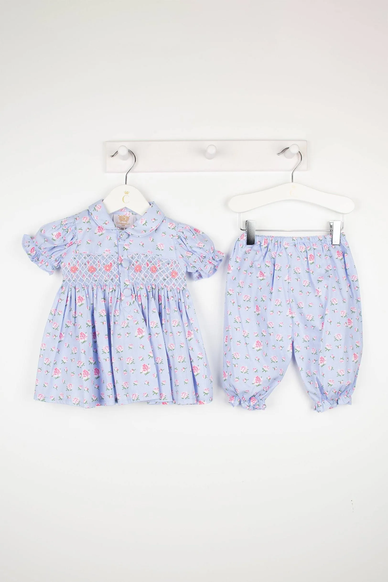 "Raeni" Blue Floral Smocked Blouse & Bloomers