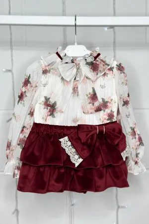 "Violet" Burgundy Floral Blouse & Velvet Skirt