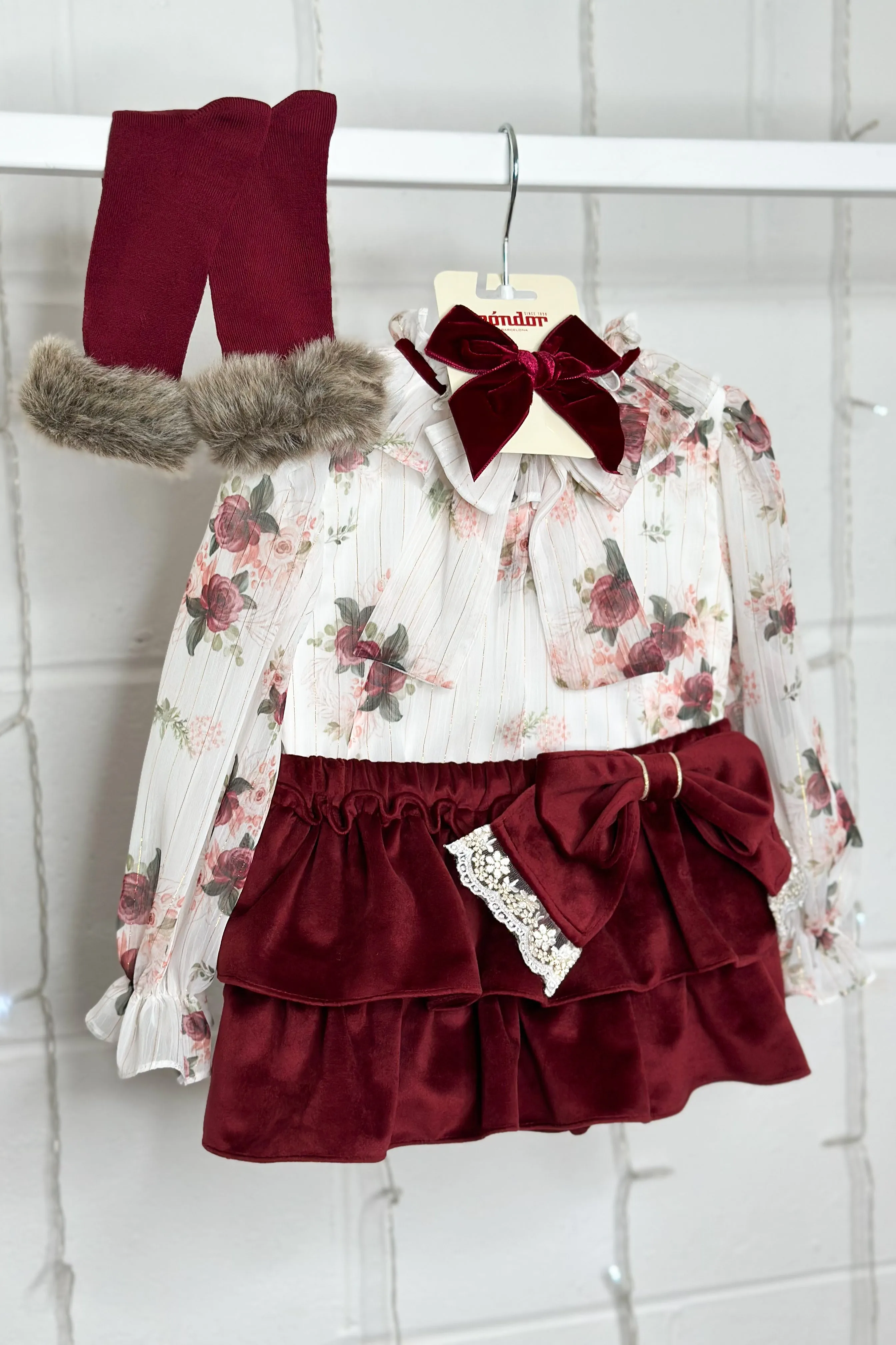 "Violet" Burgundy Floral Blouse & Velvet Skirt