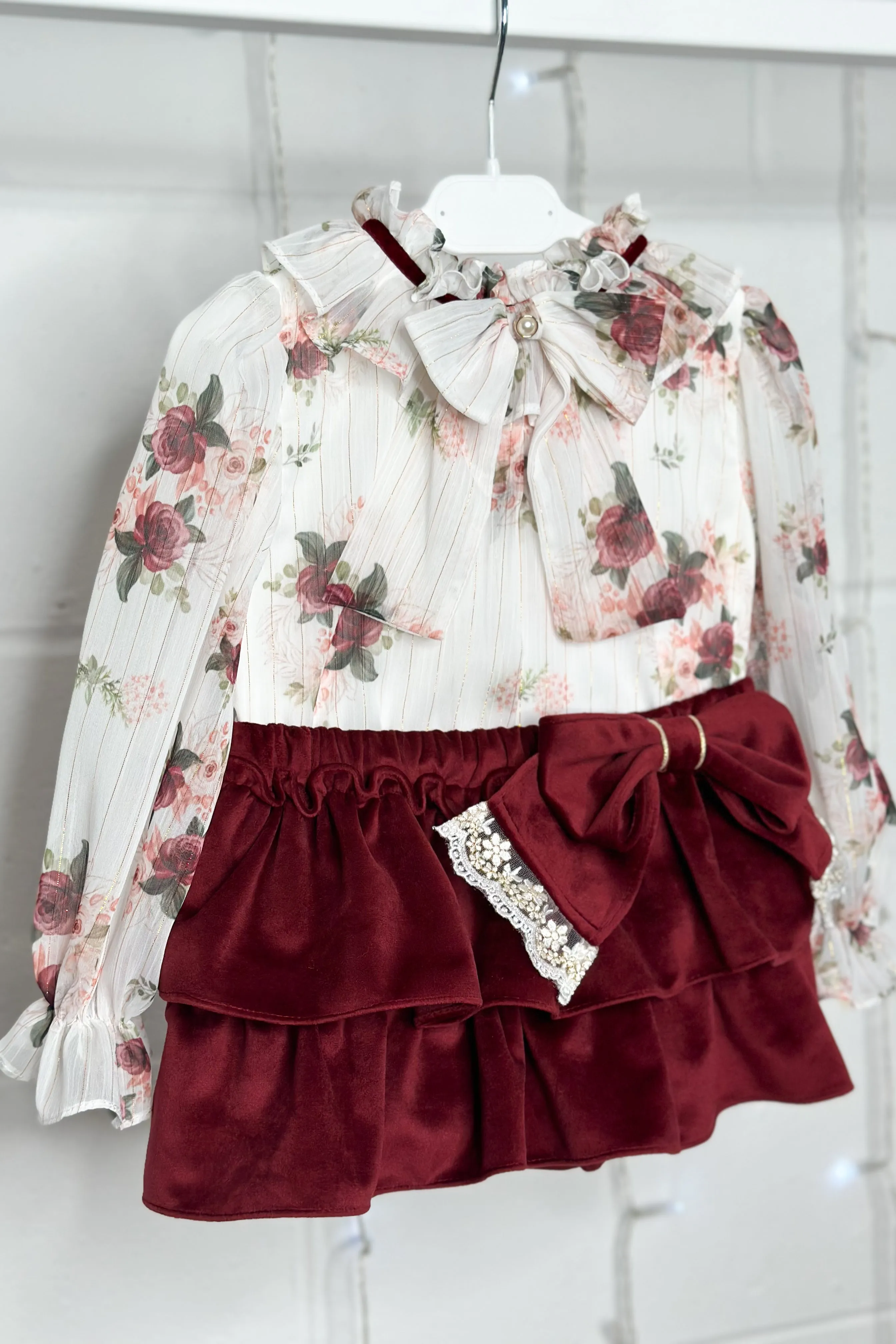 "Violet" Burgundy Floral Blouse & Velvet Skirt