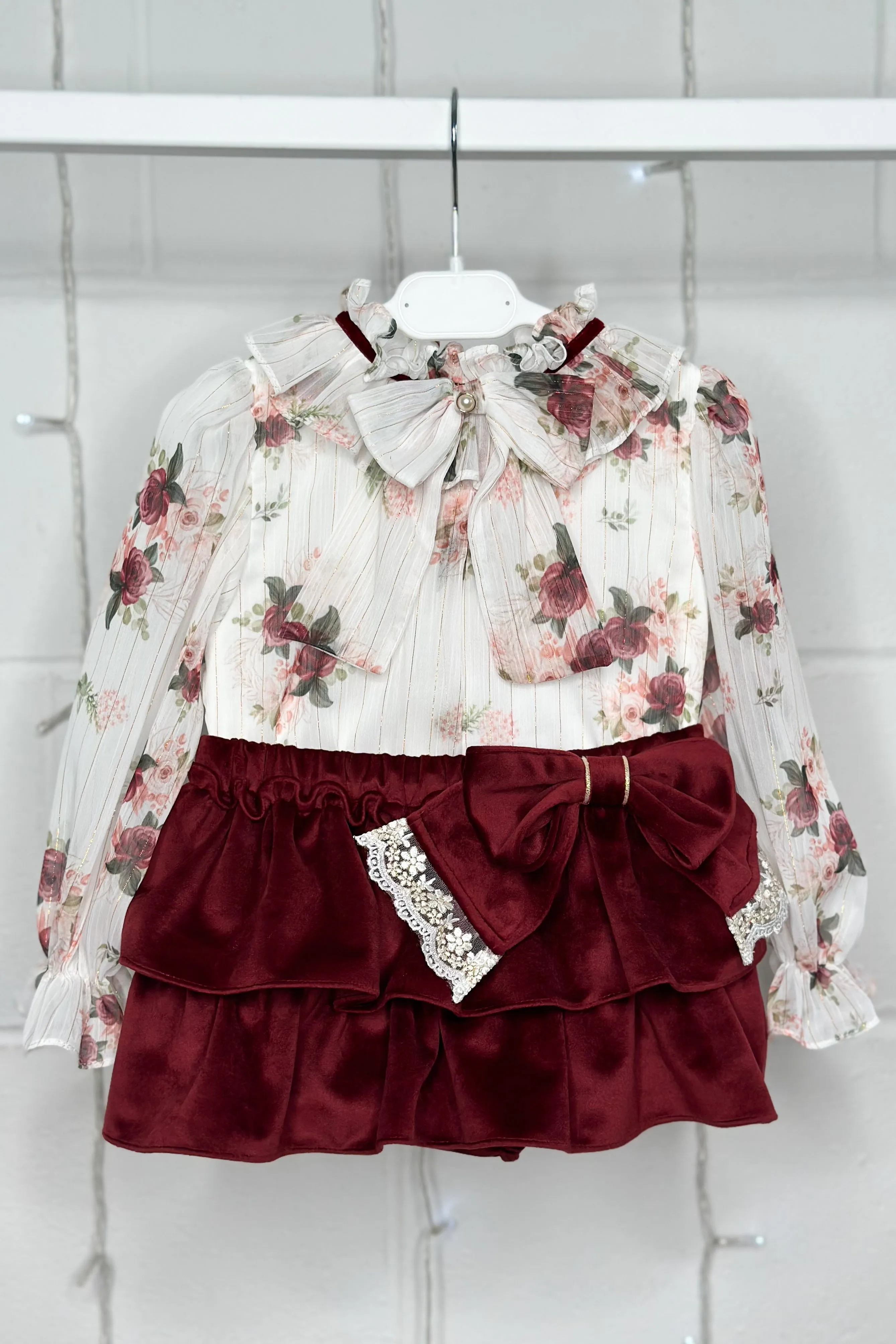 "Violet" Burgundy Floral Blouse & Velvet Skirt