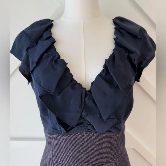 Rebecca Taylor Ruffle 100% Silk Wool Tweed Sheath Dress Blue and Purple Size 10