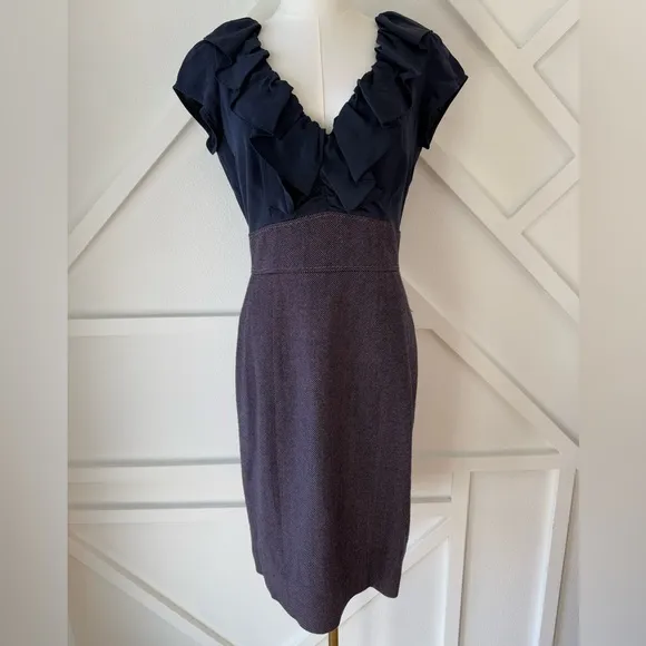 Rebecca Taylor Ruffle 100% Silk Wool Tweed Sheath Dress Blue and Purple Size 10
