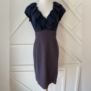 Rebecca Taylor Ruffle 100% Silk Wool Tweed Sheath Dress Blue and Purple Size 10