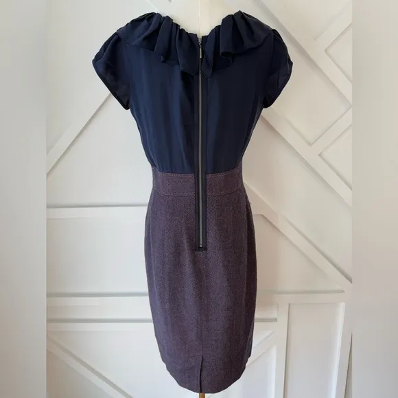 Rebecca Taylor Ruffle 100% Silk Wool Tweed Sheath Dress Blue and Purple Size 10