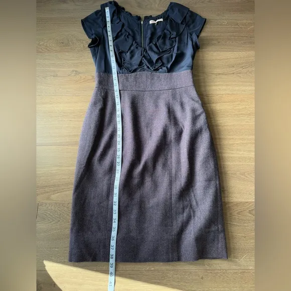 Rebecca Taylor Ruffle 100% Silk Wool Tweed Sheath Dress Blue and Purple Size 10
