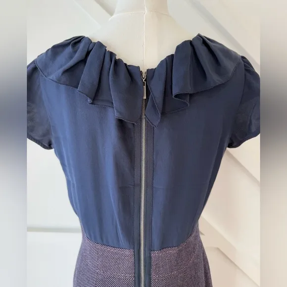 Rebecca Taylor Ruffle 100% Silk Wool Tweed Sheath Dress Blue and Purple Size 10