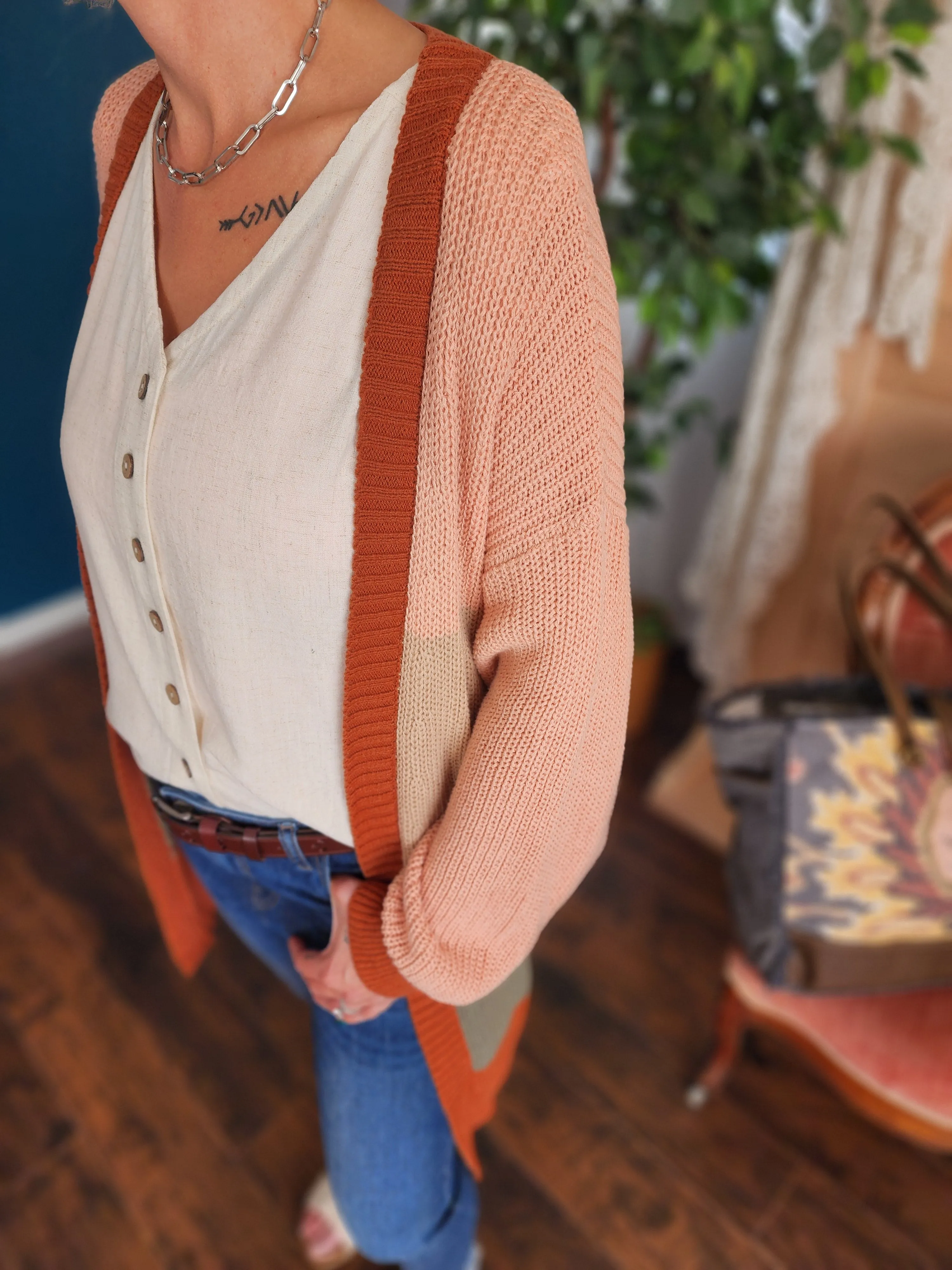 Red Clay Mix Color Block Cardigan * on sale