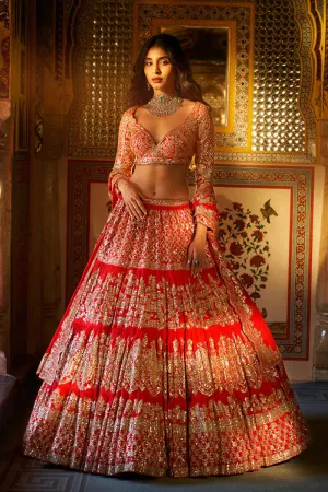 Red Multi-Tiered Lehenga Set