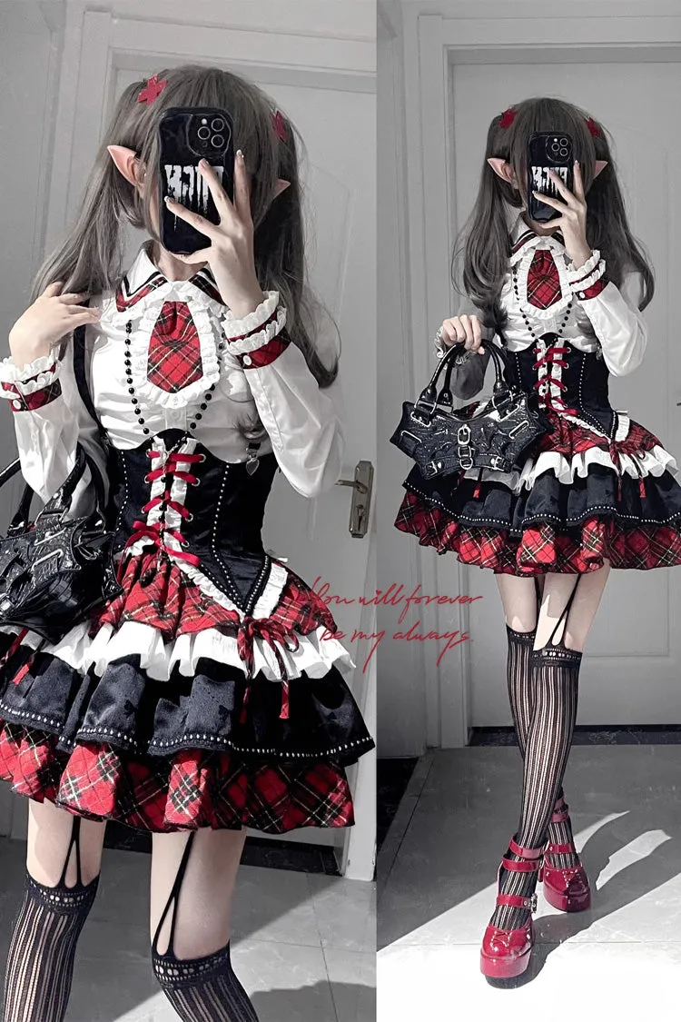 Red/White/Black Multi-layer Ruffle Opera Rock Girl Gothic Lolita Strap Dress Set