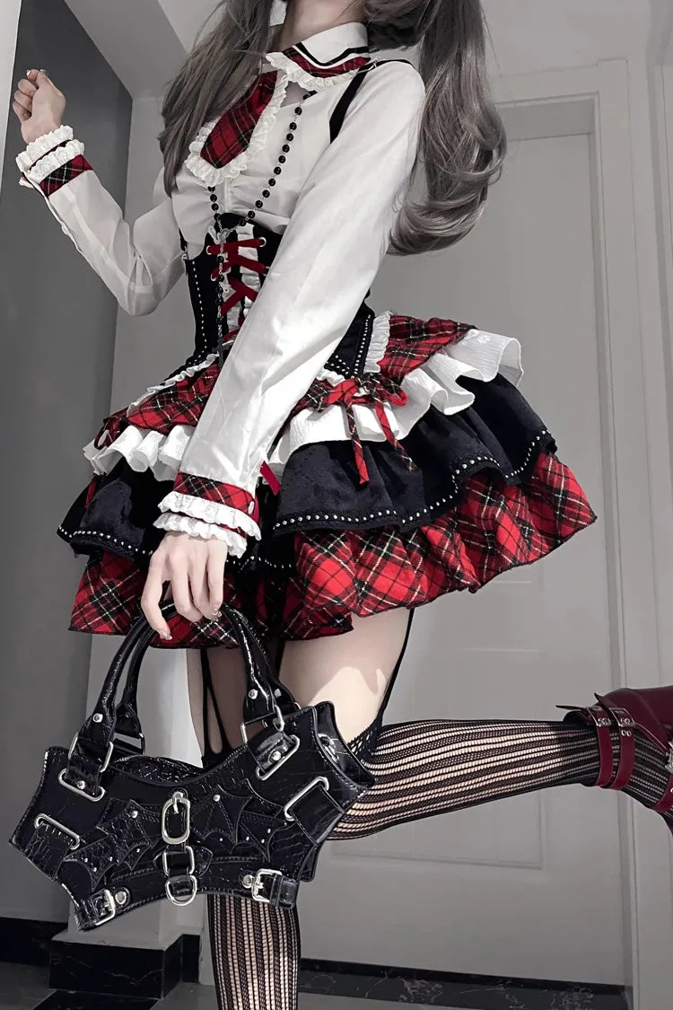 Red/White/Black Multi-layer Ruffle Opera Rock Girl Gothic Lolita Strap Dress Set