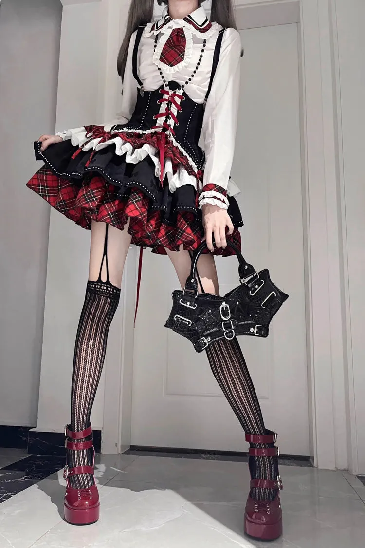 Red/White/Black Multi-layer Ruffle Opera Rock Girl Gothic Lolita Strap Dress Set