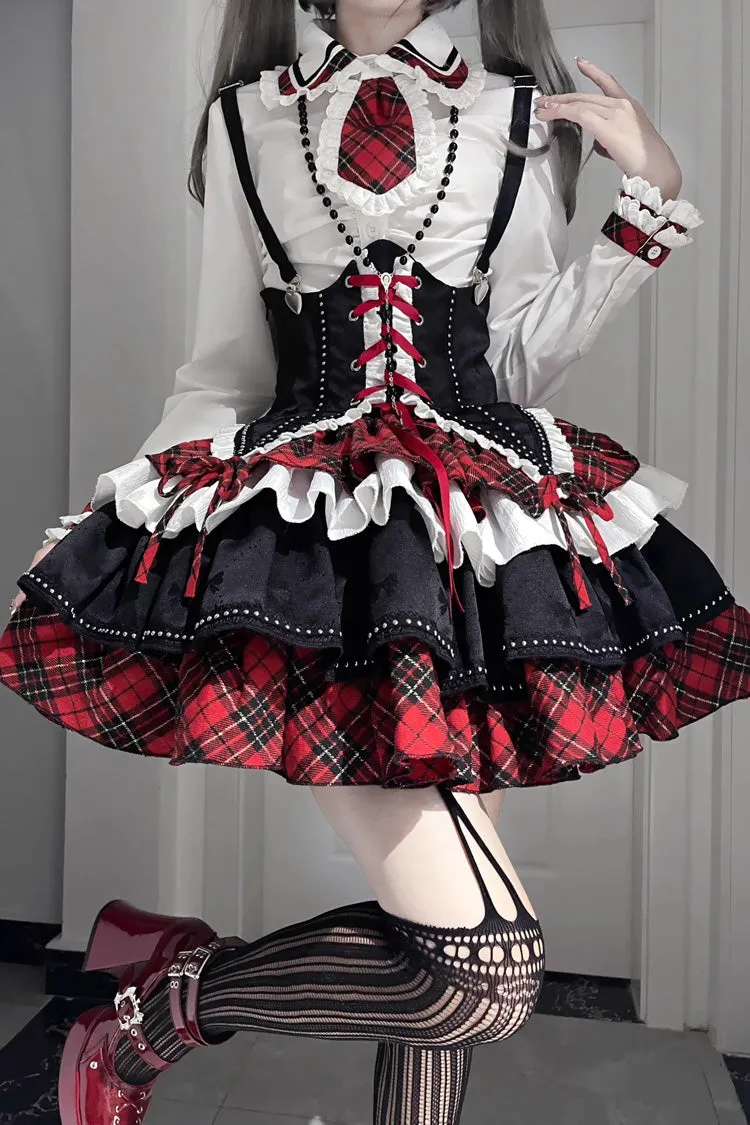 Red/White/Black Multi-layer Ruffle Opera Rock Girl Gothic Lolita Strap Dress Set